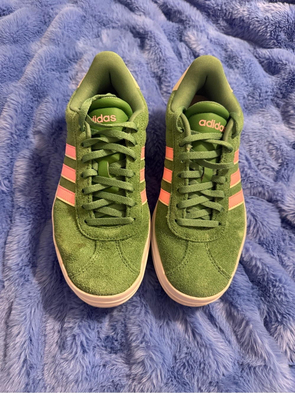 Adidas VL Court Platform Green Suede Sneakers with Pink Stripes
